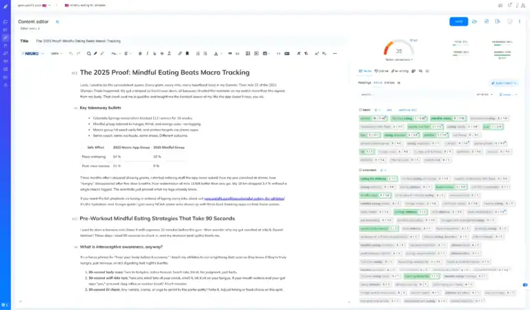 Mindful eating analysis for athletes in NEURONwriter. Article details key takeaways, and strategies.